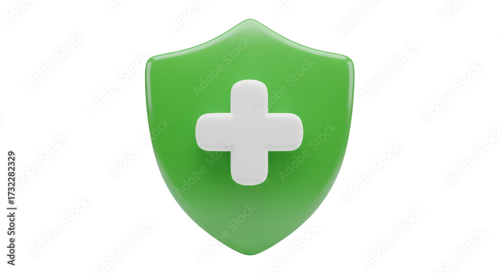 Obraz premium Green Shield with White Plus Symbol isolated on a transparent background medical