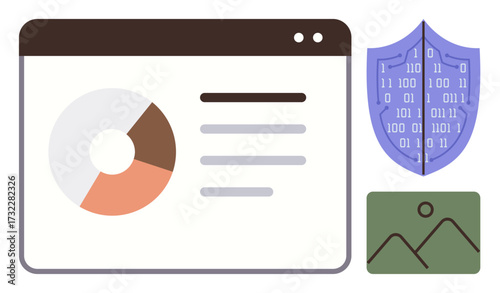Browser window displaying chart and text, shield symbolizing data protection, and image icon. Ideal for cybersecurity, analytics, data privacy, web development, infographics, digital marketing
