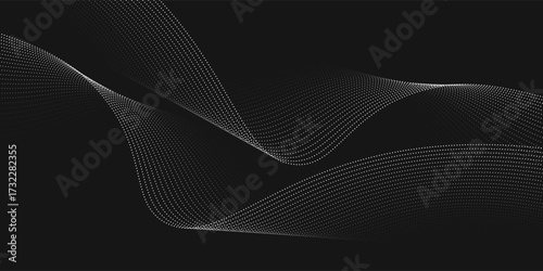 Wave of flowing vanishing particles vector abstract background, curvy lines dots in motion over black relaxing illustration, smoke like image.