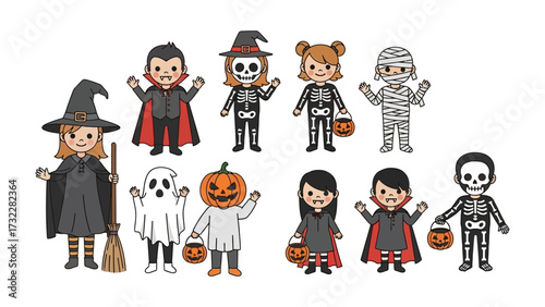 Halloween Kids in costumes: A collection of festive children in colorful costumes are poised for a night of Halloween fun, perfect for evoking the spirit of the season.