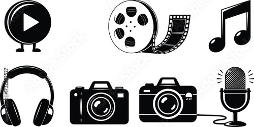Media entertainment icons set, play button, film reel, musical note, headphones, camera photography, microphone audio broadcast, music, video, digital communication symbols