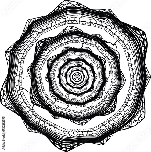 Vector concentric cracked ripple mandala ornament inspired by Aomori Tsugaru lacquer style, symbolizing resilience and eternity, abstract seamless circular pattern for textile and wallpaper