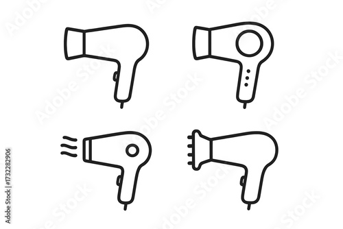 Hairdryer line icon set. Hairdressing tool collection. Blow dryer, hair care, beauty salon equipment symbol. Minimalist vector pictogram for web design, apps, barbershop.