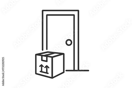 Contactless package delivery icon. Parcel box at the front door. Home delivery service concept. Online shopping order shipment. Simple line art vector illustration for web.