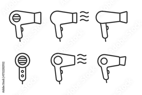 Hairdryer line icon set. Blow dryer pictogram collection for web design and apps. Hair styling and beauty salon equipment symbol. Minimalist outline graphic for hairdressing.