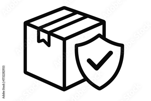 Package protection icon. Secure delivery concept. Shipping insurance and safe logistics symbol. Cargo safety and guaranteed transport vector pictogram. Box and shield emblem.