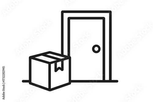 Contactless delivery icon with package left at the front door. Online shopping order symbol. Home delivery service concept. Parcel shipping and receiving vector illustration.