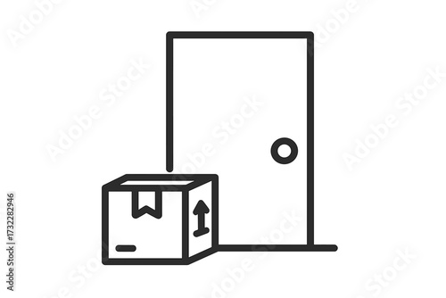 Contactless package delivery icon. Cardboard box at front door. Parcel on doorstep symbol. Online shopping order, e-commerce concept. Safe shipping and receiving service.