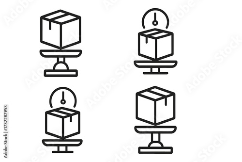 Package on weight scale icon set. Box weight measurement symbol for delivery and shipping service. Logistics and cargo concept. Minimalist line art vector for web design.
