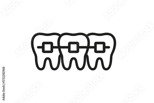 Orthodontic braces on teeth vector line icon. Dental care and dentistry concept. Healthy smile, tooth alignment, oral hygiene. Minimalist symbol for dentist clinic, web, app.