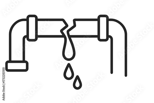 Broken pipe with dripping water. Vector line icon for plumbing emergency. Burst pipeline, leakage, and water damage concept. Cracked pipe repair. Simple pictogram for web, app.