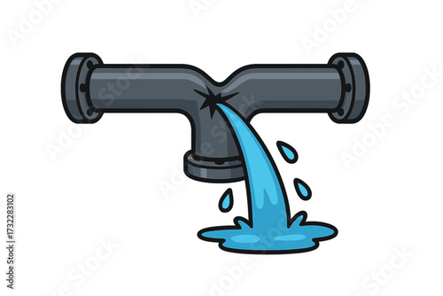 Broken pipe with water leak. Burst pipeline gushing water. Plumbing problem, damage, and emergency. Water leakage and flood icon. Cartoon vector illustration for plumbing service.