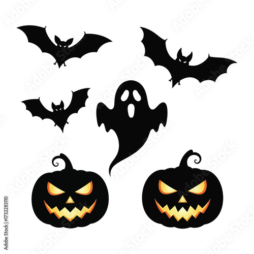 Spooky Halloween Elements: A collection of spooky Halloween elements, including silhouettes of bats, ghosts, and grinning pumpkins.