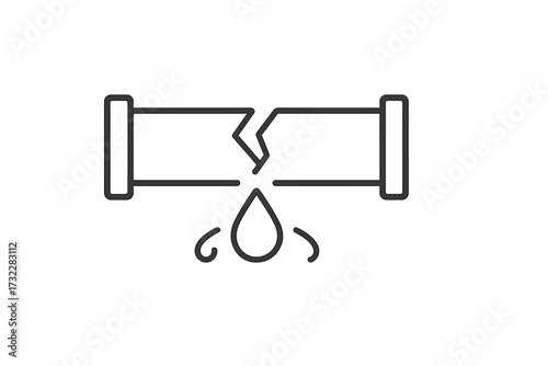 Broken pipe line icon. Water leak, dripping water drop. Plumbing problem, pipeline damage symbol. Burst pipe, cracked tube pictogram. Emergency repair service concept. Vector.