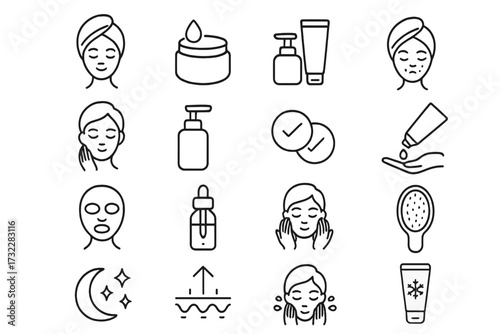 Skin care line icon bundle. Vector symbols for beauty and cosmetic routine. Face treatment, cream, serum, acne, washing, sheet mask. Pictograms for web, apps, design.