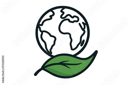 Planet Earth outline icon on a green leaf. Vector symbol for ecology, environment, and nature conservation. Eco friendly concept for sustainability, go green and organic ideas.