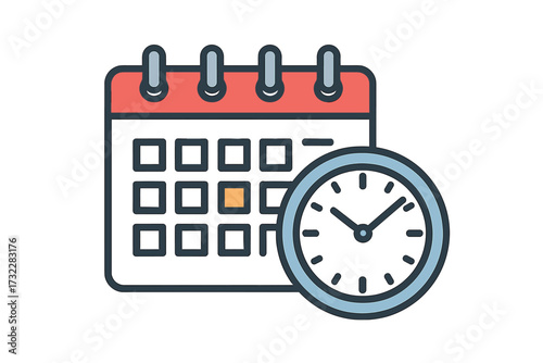 Calendar and clock vector icon. Time management, schedule, and appointment concept. Planning, deadline, and important date reminder. Flat design for business agenda graphic.