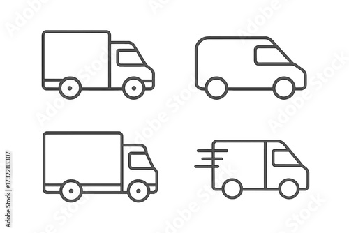 Delivery truck and van line icon set. Logistics and shipping transportation symbols. Fast courier service vehicle pictogram collection for web and apps. Editable stroke vector.