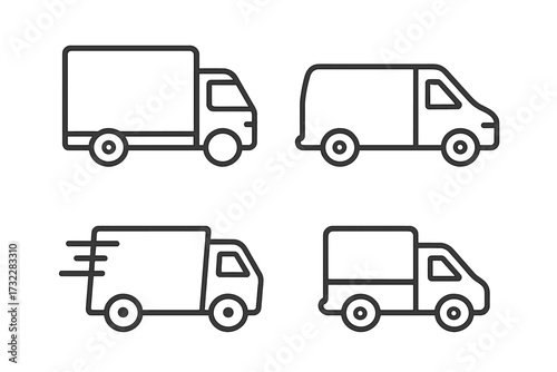 Delivery truck and van line icon set. Simple isolated vehicle symbols for logistics, shipping, and transport. Fast delivery service concept. Editable stroke vector illustration.
