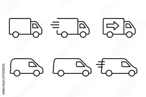 Delivery truck and van icon set. Thin line vehicle symbols for transport, shipping and logistics. Fast delivery service concept. Editable stroke vector illustration for web.