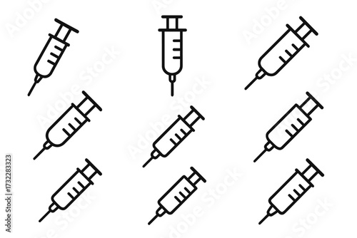 Set of syringe line icons. Medical injection and vaccination concept. Vector collection for healthcare, web design, apps. Minimalist pictogram of vaccine, dose, treatment.