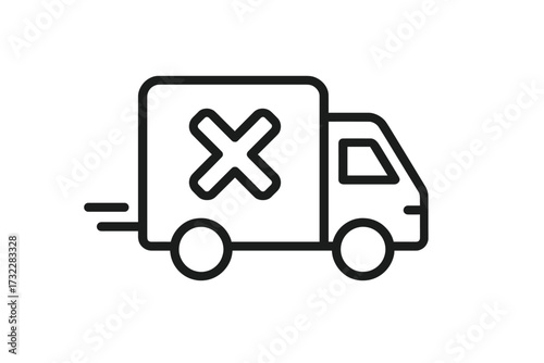 Delivery error vector icon. Shipping failed, shipment cancelled or lost package concept. Logistics problem with truck and cross mark. Transport rejected line art symbol.