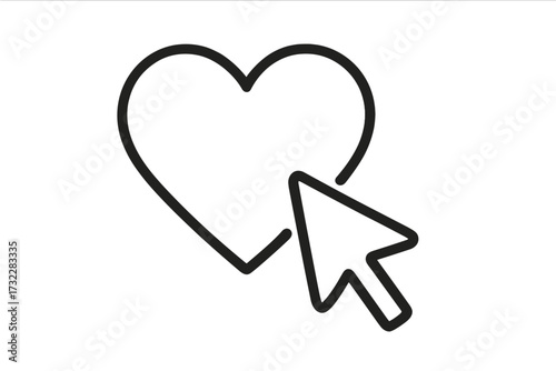 Heart and cursor icon. Click to like or add to favorites. Vector line art symbol for social media engagement, online dating app, customer feedback and user interface design.