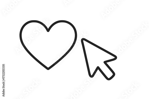 Cursor clicks on a heart icon. Like button for social media. Favorite, love, and follow symbol for web design and apps. Vector outline illustration for online dating.