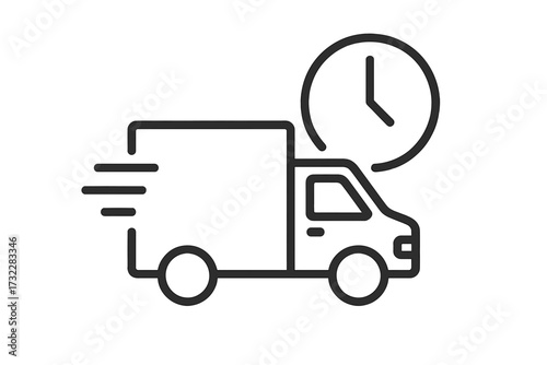 Fast delivery truck icon. Express shipping service symbol. On-time logistics and transport concept. Van with clock for urgent package delivery. Speed freight vector illustration.