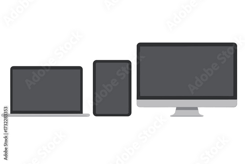 Vector set of digital devices: laptop, tablet, computer monitor. Electronic gadgets with blank screens for responsive design mockup. Modern technology illustration isolated.
