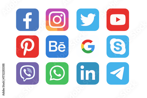 Social media icons set. Popular network logos collection. Facebook, Instagram, Twitter, Youtube, Linkedin, Whatsapp. Communication app symbols vector illustration pack.