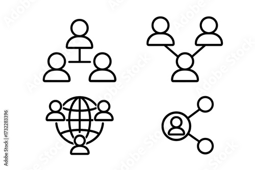 Connection and networking line icon collection. Business organization chart, management hierarchy, global team, and social media sharing symbols. Teamwork and community concepts.