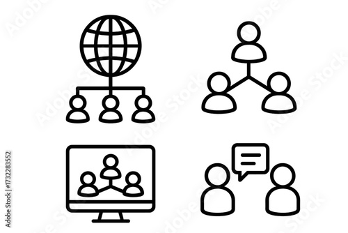 Business communication icon set for web and apps. Global team network, corporate management hierarchy, online meeting and webinar concept. Vector line art for graphic design.