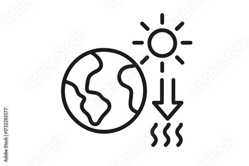Global warming and climate change vector line icon. Planet Earth with sun heat radiation. Greenhouse effect minimalist symbol for ecology, environment, web, and app design.