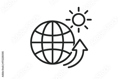 Global warming icon. Climate change concept. Planet earth with sun and rising up arrow. Temperature increase symbol. Environmental problem, ecology, hot weather. Vector line art.