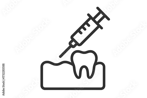 Dental anesthesia icon. Gingival injection with syringe for pain relief. Dentistry and oral surgery concept. Local anesthetic for tooth treatment. Stomatology line vector.