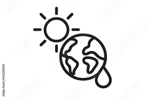 Global warming and climate change line icon. Planet Earth melting and sweating a drop of water from sun's heat. Concept for ecology, environmental disaster, pollution vector.