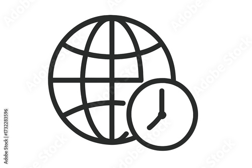 World time icon. Globe and clock symbol. International business time zone concept. Global delivery, 24-hour service. Vector line art for web, app. Earth planet logotype.