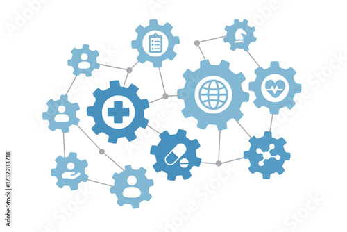 Healthcare mechanism concept. Health system strategy. Connected gears with medical, medicine, care, network, and global icons. Medical technology and management process vector.
