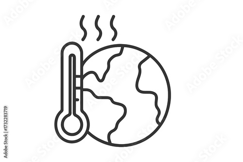 Global warming concept icon. Hot thermometer by Earth globe. Climate change, planet fever, high temperature metaphor. Ecology and environment issue. Minimal vector outline design.
