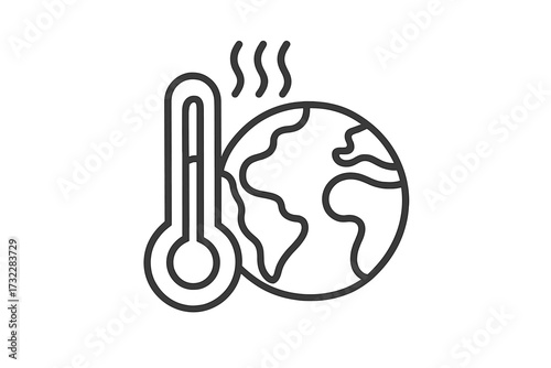 Global warming, climate change concept vector line icon. Hot Earth planet with thermometer. High temperature symbol. Ecology problem, environmental disaster. Weather forecast.