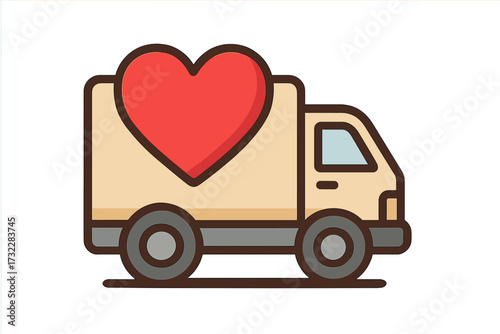Delivery truck with heart icon. Concept of shipping love, charity, and donations. Vector cartoon graphic for logistics service, transport, and humanitarian aid. Care package.