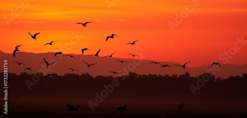 Silhouetted birds against vibrant sunset hues, Keoladeo Ghana National Park, Rajasthan,   Indian birds,  Keoladeo Ghana