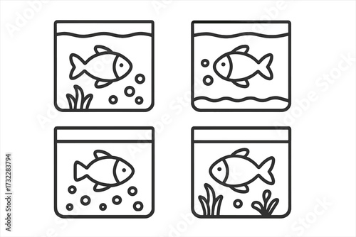 Fish in aquarium line icon set. Minimal pictogram collection for web and graphic design. Simple pet animal in fishbowl vector illustration. Aquatic life, water and bubbles symbol.