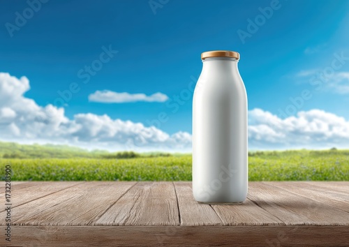 A glass bottle, possibly for milk, sits on a wood table with green field & blue sky