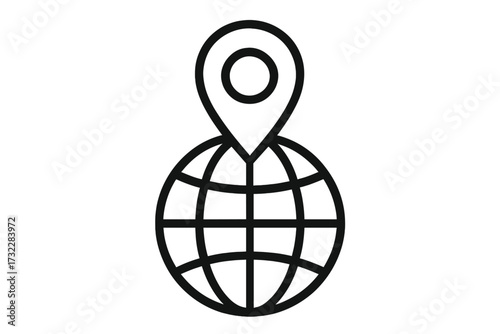 Globe with map pin icon. Global location, position, and navigation symbol. World map geotag for travel and business. Vector line art for web, app, and destination concepts.
