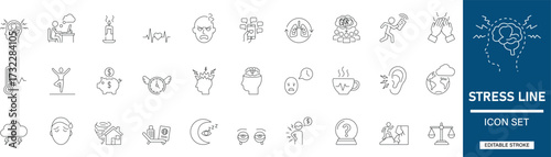  Stress Line Icon Set. 30 outline vector icons showing anxiety, pressure, depression, burnout, mental health, and emotional support. Editable stroke, thin linear illustration..