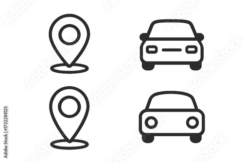 Car location and navigation line icon set. Automobile and map pin marker symbols. Concept for transport service, car rental, sharing, taxi app, GPS, destination, and route.