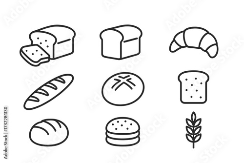 Bread line icon set. Bakery pastry pictogram pack. Loaf, baguette, croissant, wheat, burger bun, flour. Vector outline symbol for web design, logo, app, recipe, menu.