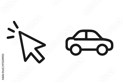 Car selection icon with mouse click cursor. Concept for online car buying, rental service, or vehicle sharing. Automotive e-commerce pictogram for website and app UI design.